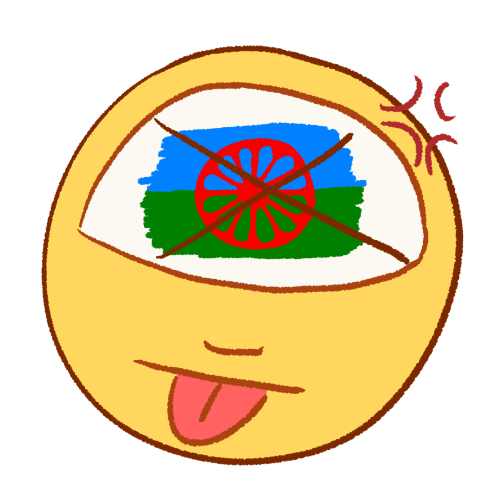 A drawing of someone angrily sticking their tongue out. Drawn on their head is the Rromani flag with a large X over it.